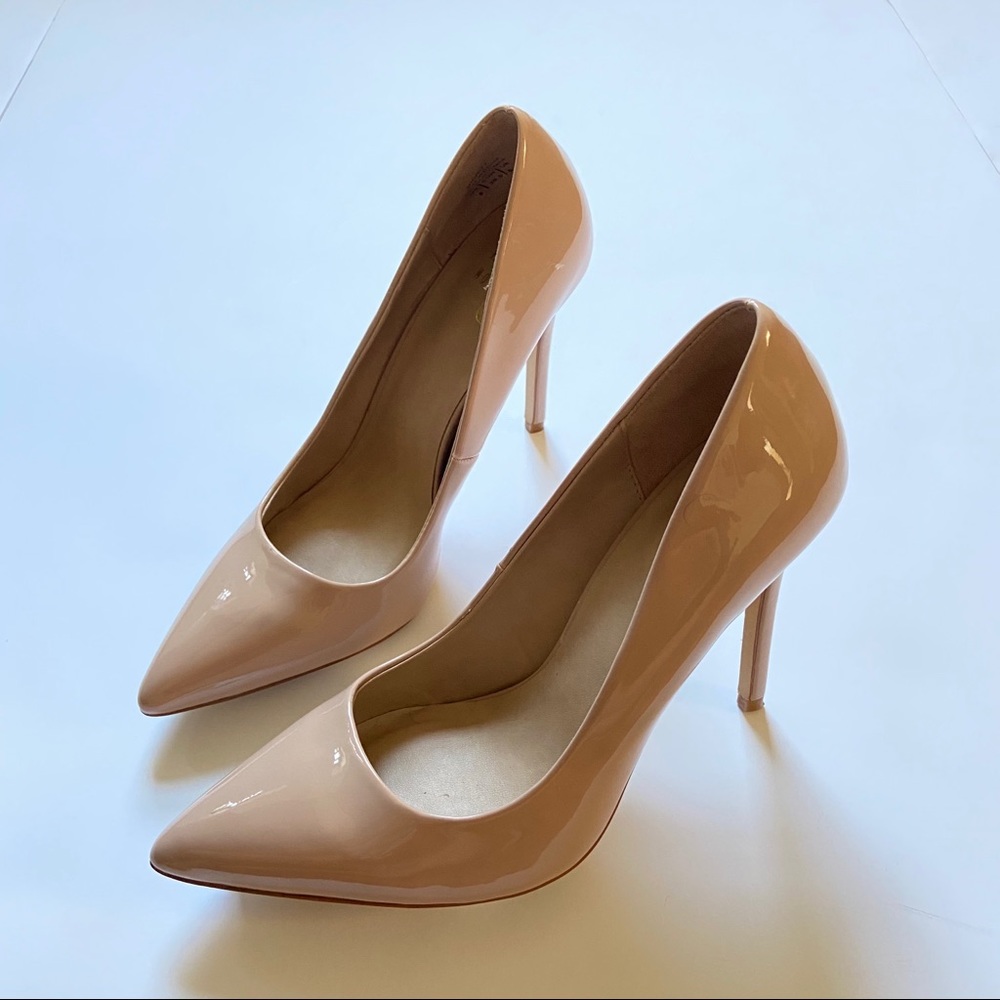 Dignity Taupe Faux Patent Heels